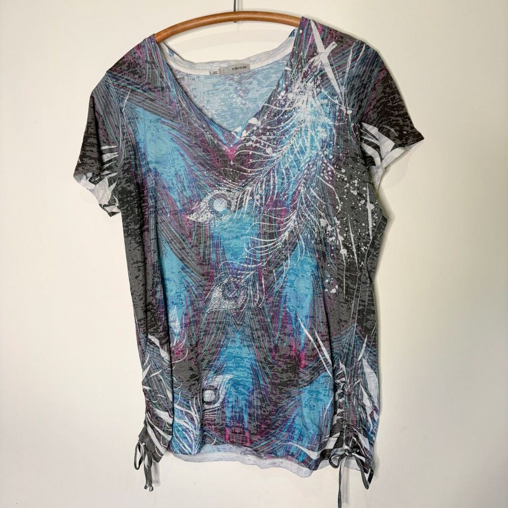 Maurices Y2K T-Shirt Crinkle Sheer Thin Burnout V-Neck Peacock Women Size 1X